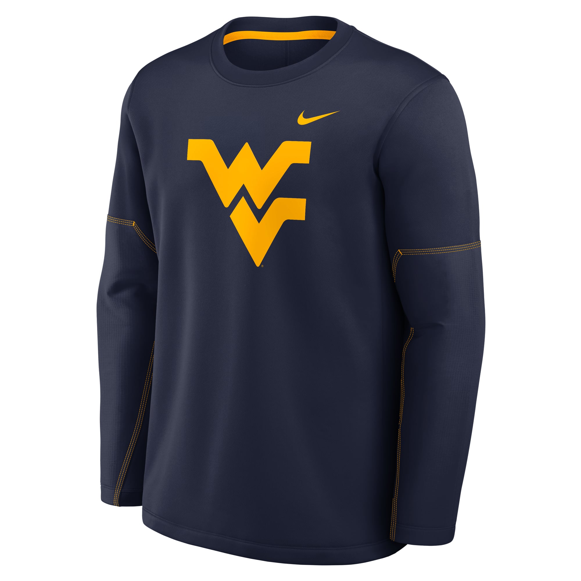Haut à manches longues Therma-FIT pour homme, bleu marine, West Virginia Mountaineers 2026, collection Sideline Coaches, Nike.
